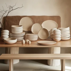 New Cupid 55-Piece Stoneware Dinner Set for 12 People, Cream